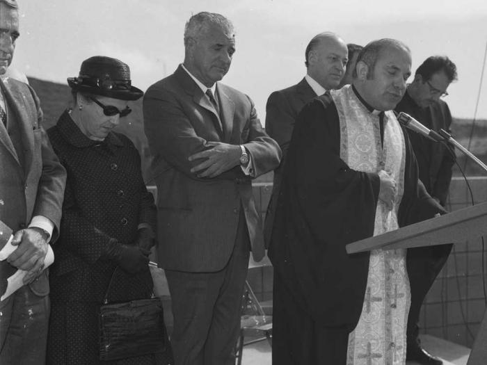 Tula Christopher, left, former mayor George Christopher, Mayor Joseph Alioto, and the Reverend Father Gregory Ofiesh, pastor of St. Nicholas Antiochian Orthodox Church, attended the dedication of George Christopher Playground in Diamond Heights on April 7, 1971. Photo: Fang family San Francisco Examiner photograph archive negative files, BANC PIC 2006.029 - NEG, The Bancroft Library, University of California, Berkeley